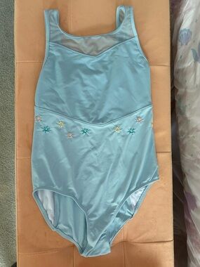 Girls Bloch Light Blue Leotard with Floral Embroidery
